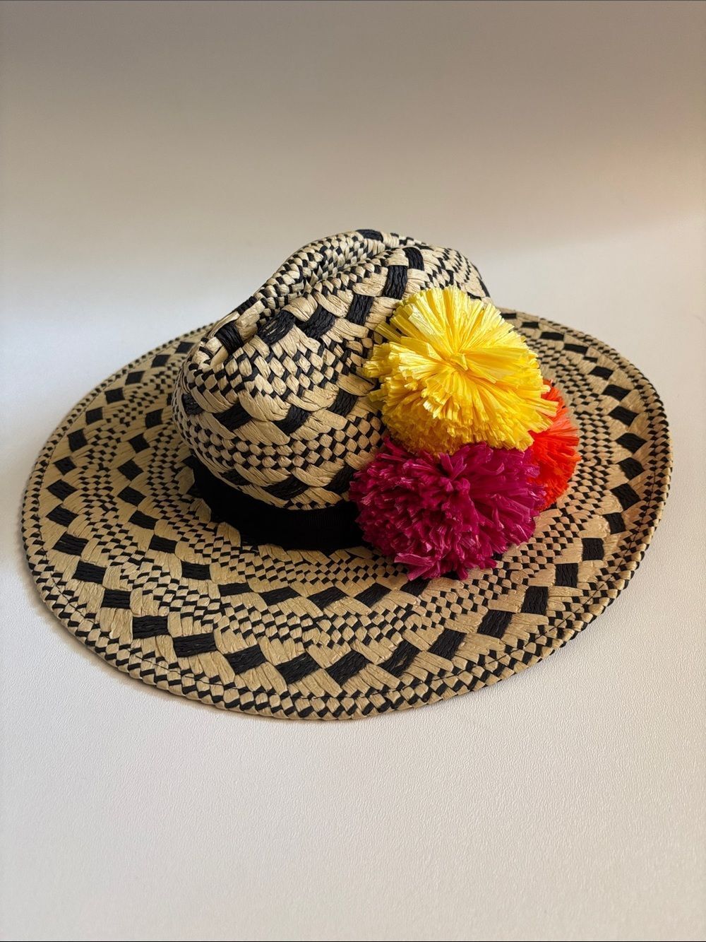 Vintage Helene Berman Resort Pom Pom Straw Hat ~ New With Tags ~ Made in Italy